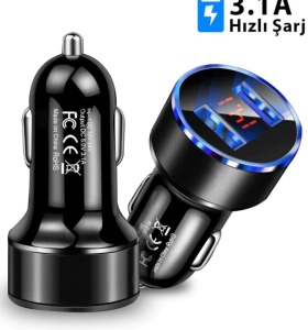 Çakmaklık Oto Araç Hızlı Şarj Aleti 3.1a Usb Çift Girişli Siyah Led Ekranlı